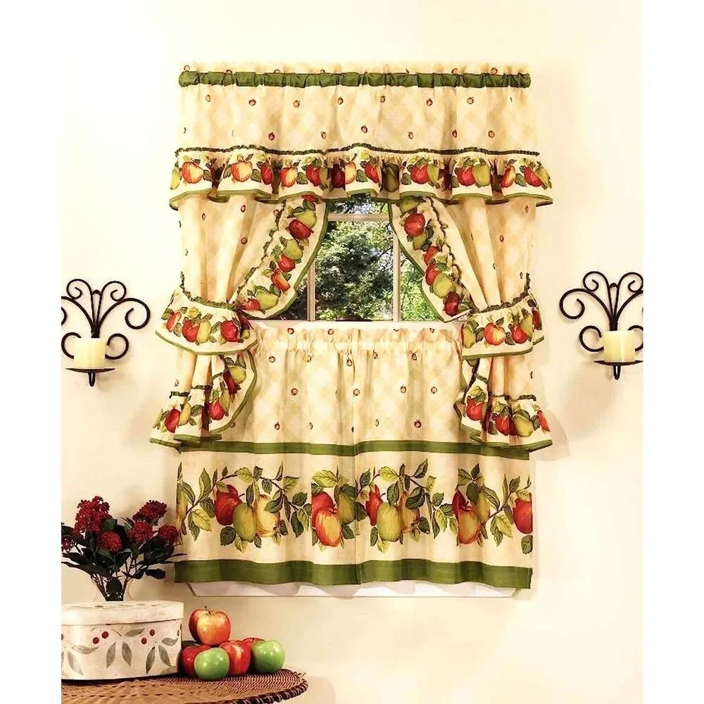 Cottage Apple Orchard Kitchen Window Curtain Tiers Swags Tie Backs 36 x57-in NIP
